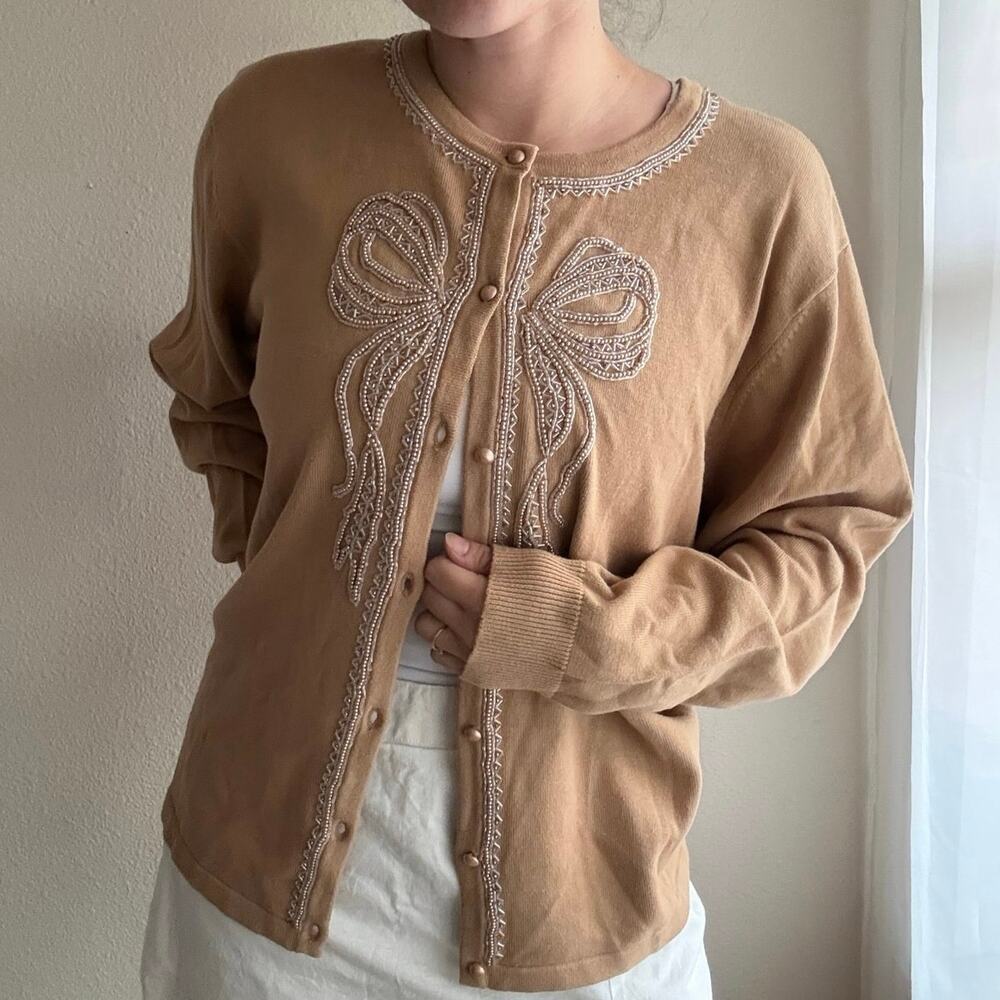 Bob Mackie wearable art beaded bow tan cardigan coquette grandma cottage retro